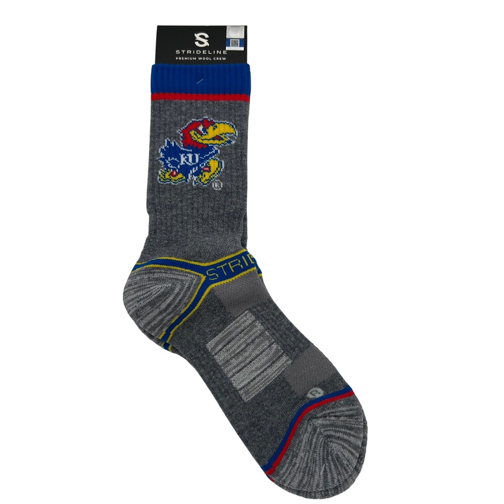 Strideline Kansas Jayhawks NCAA Premium Wool Crew Socks Gray Blue NEW